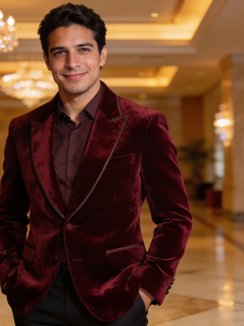 Detalle de chaqueta de terciopelo masculina con textura suave y brillo sofisticado.