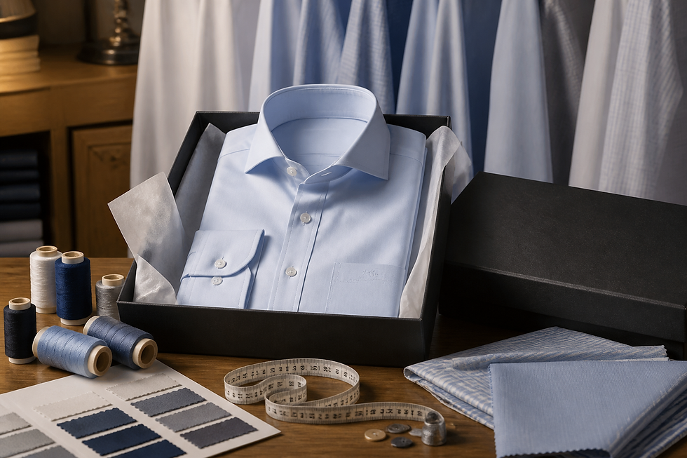 Camisa a medida terminada con detalles personalizados y presentación premium en atelier