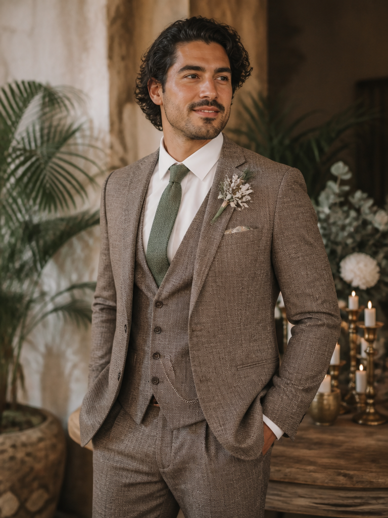 Novio con traje Vintage para una boda campestre, bohemia o con estilo personal