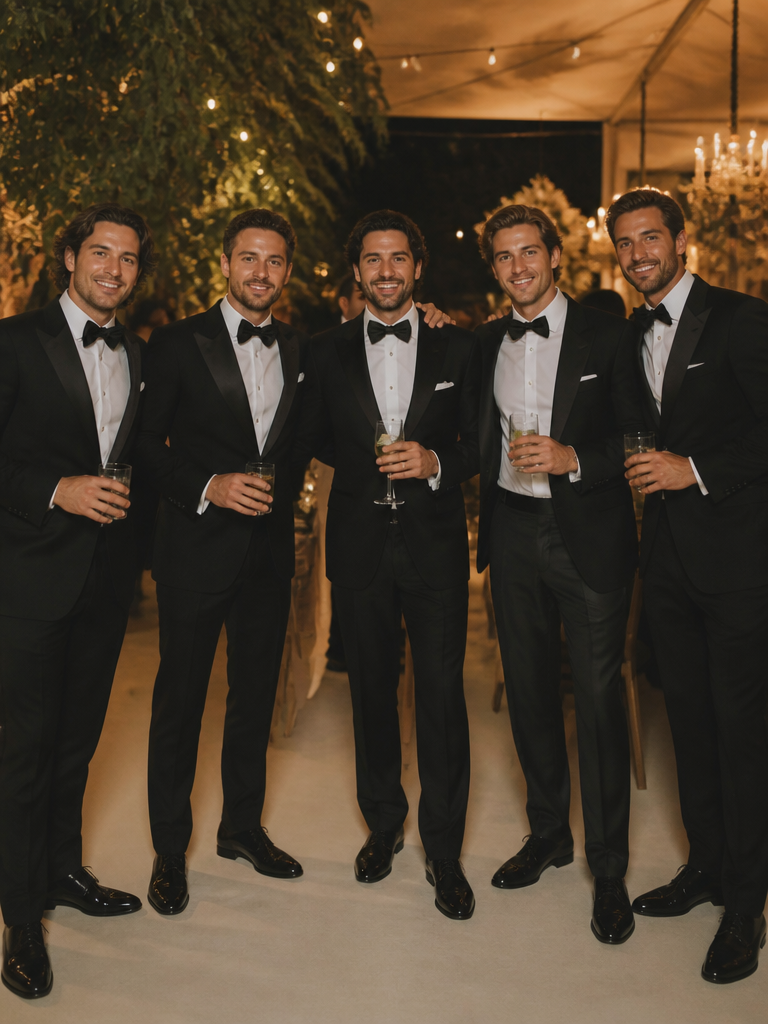 Grupo de hombres vestidos de forma coherente respetando el dress code de una boda elegante