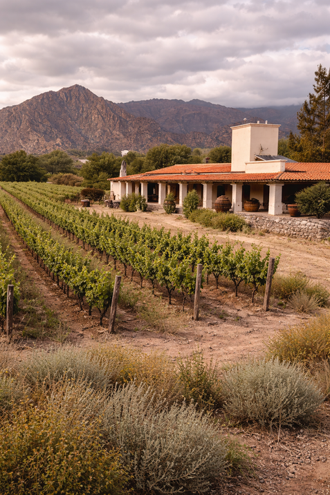 Vista general de una bodega tradicional en Cafayate, rodeada de viñedos y paisaje rural.