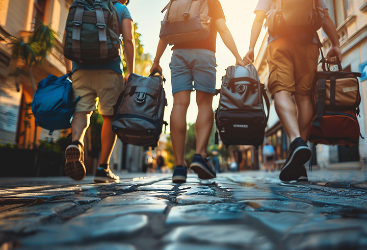 Des touristes explorant Cafayate à pied, avec sacs à dos et bagages de voyage