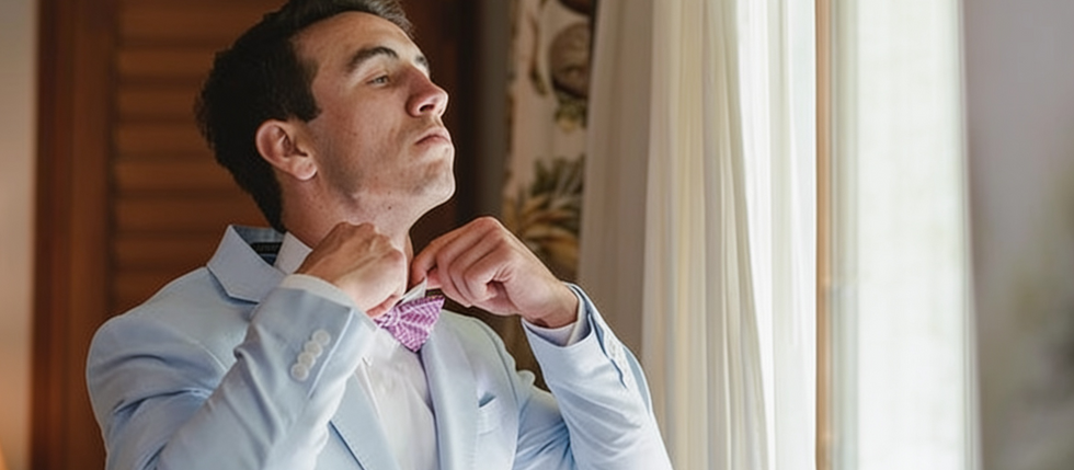 Novio elegante usando un traje ideal según el estilo de su boda