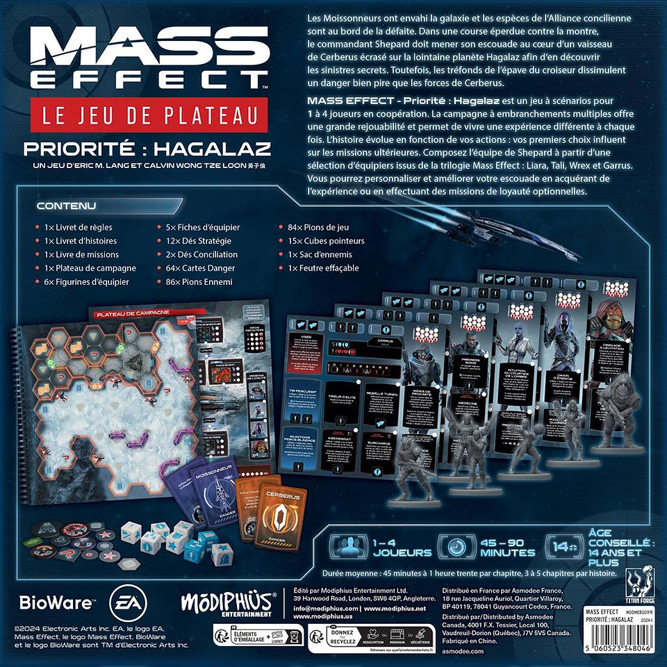 Illustration et présentation des composants sur le dos de la boîte Mass Effect Priority Hagalaz