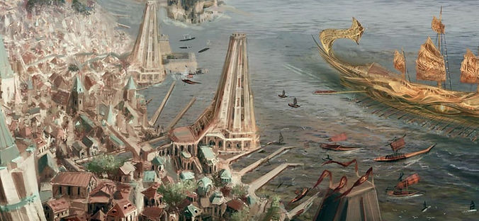 Illustration de la ville de Laelith – vue panoramique des terrasses et du lac sacré
