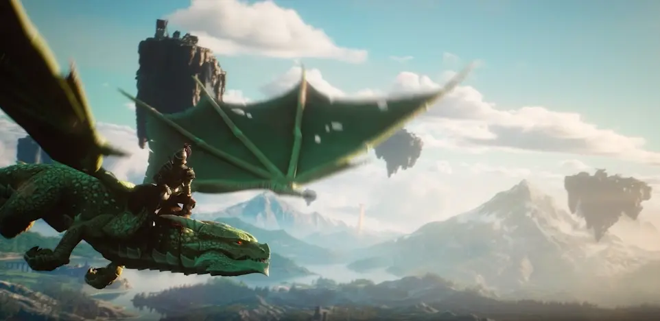 Un aventurier chevauche un dragon vert au-dessus des montagnes et des îles flottantes de Giélinor dans RuneScape 4 (RS4), le nouveau MMORPG de Jagex.