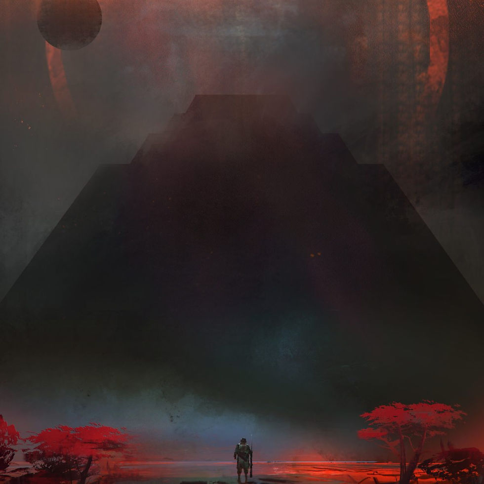 Illustration de The Black Ziggurat dans Coriolis: The Great Dark, montrant un explorateur face à une immense pyramide sombre, dans un paysage extraterrestre aux arbres rouges.
