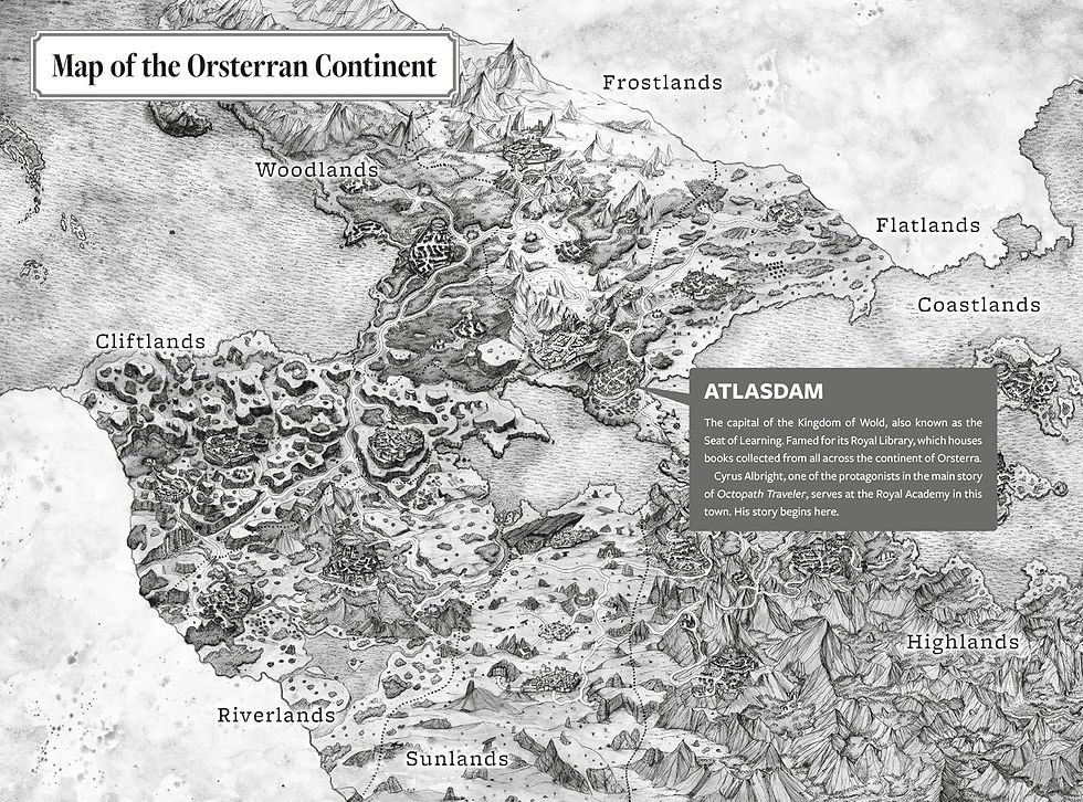 Carte du continent d’Orsterra dans Octopath Traveler TRPG avec ses principales régions