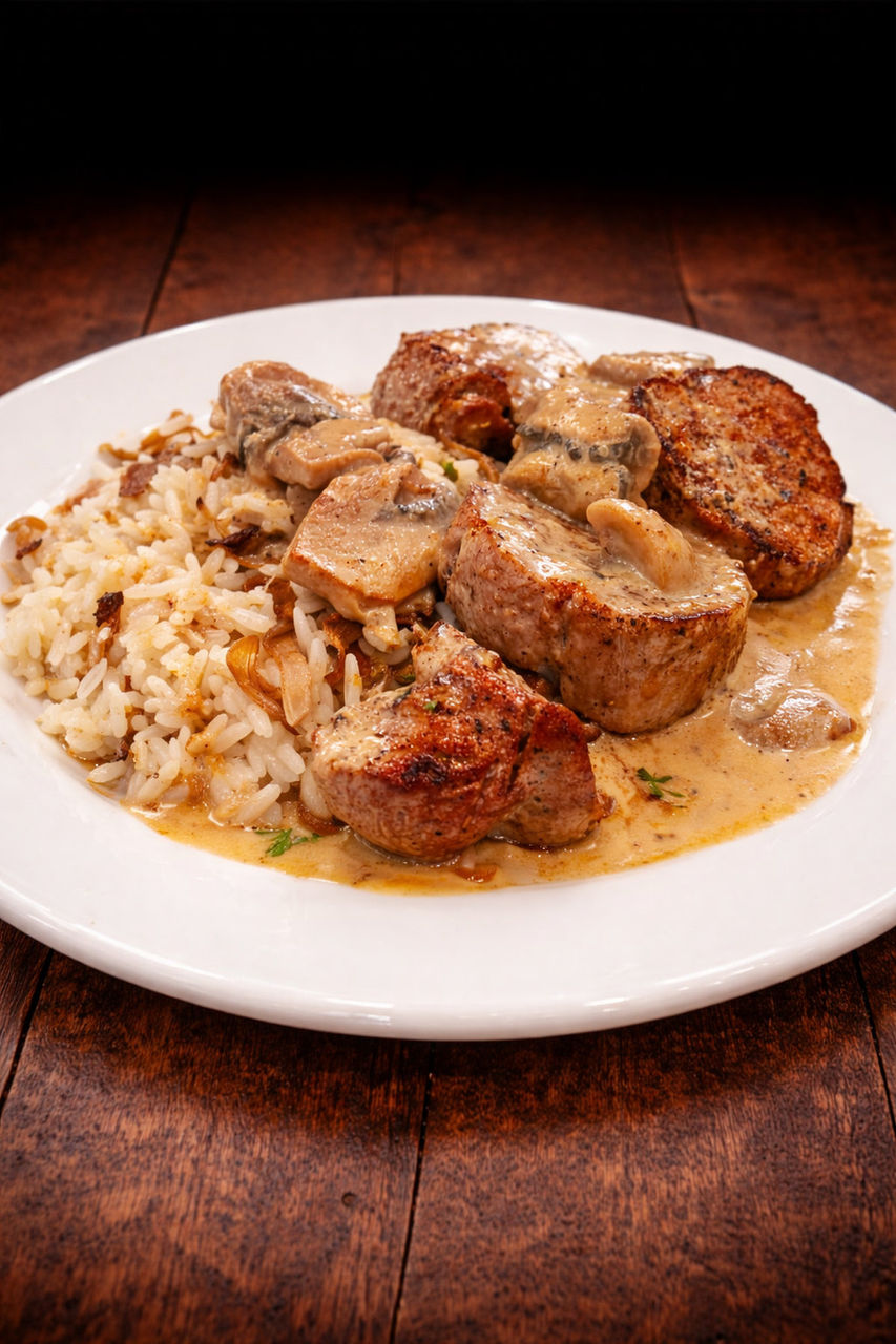Médaillons de veau nappés de sauce crémeuse avec riz et champignons