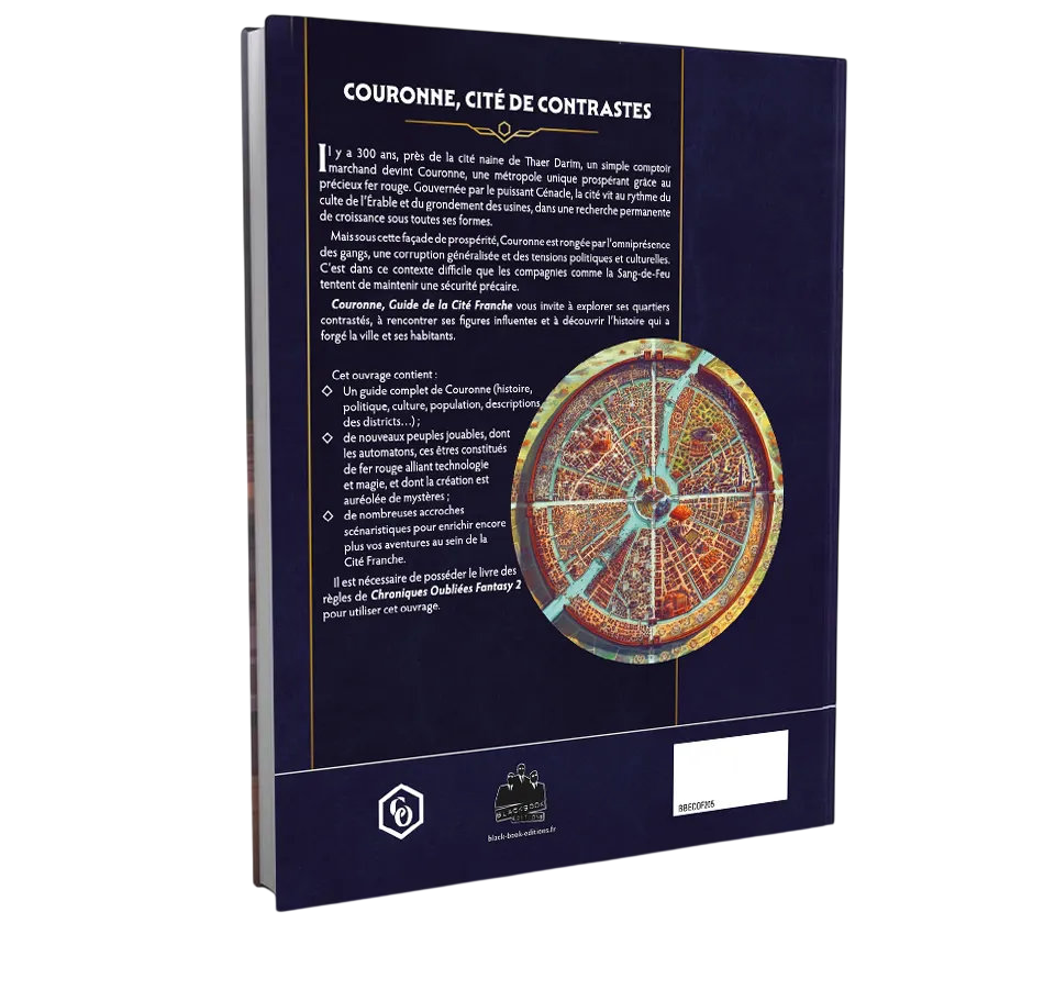 Dos du livre COF 2 Couronne guide de la cité franche avec description de la cité du fer rouge