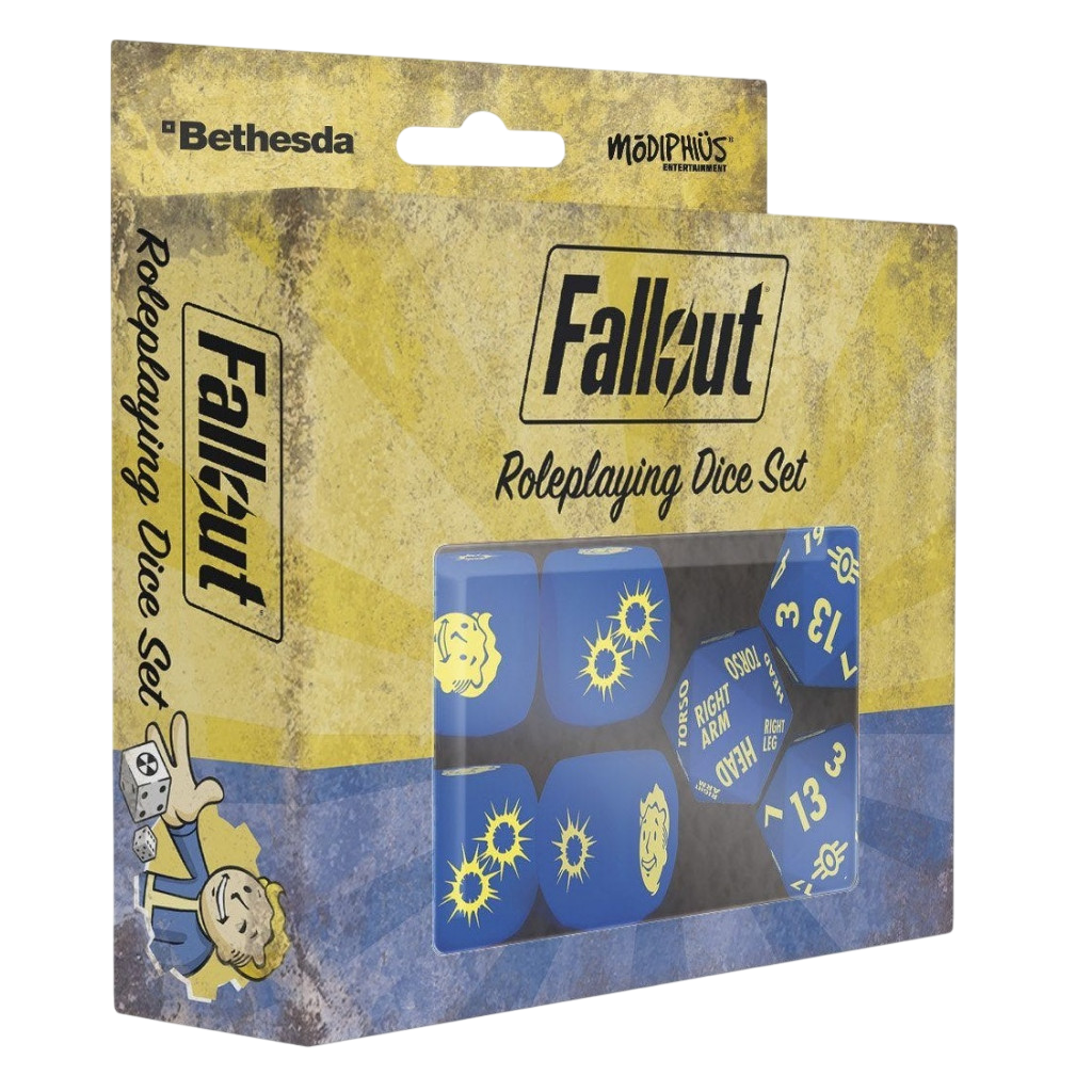 Boîte officielle du Fallout Roleplaying Dice Set, bleu et jaune, montrant les dés