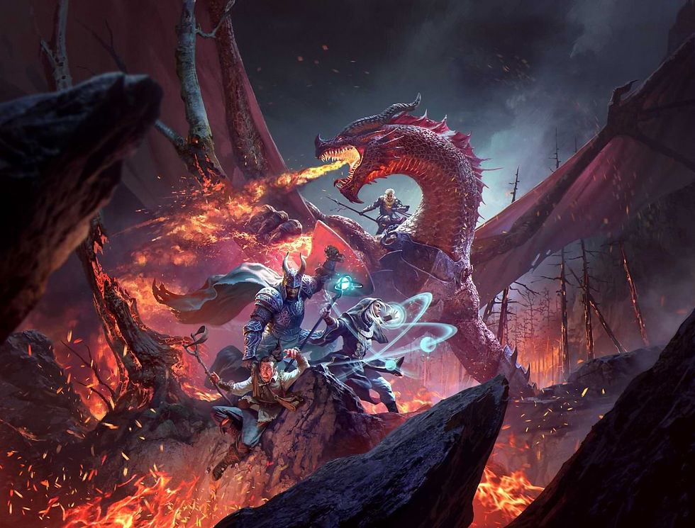 Aventuriers affrontant un dragon rouge dans Dragonlance pour Donjons & Dragons 5e