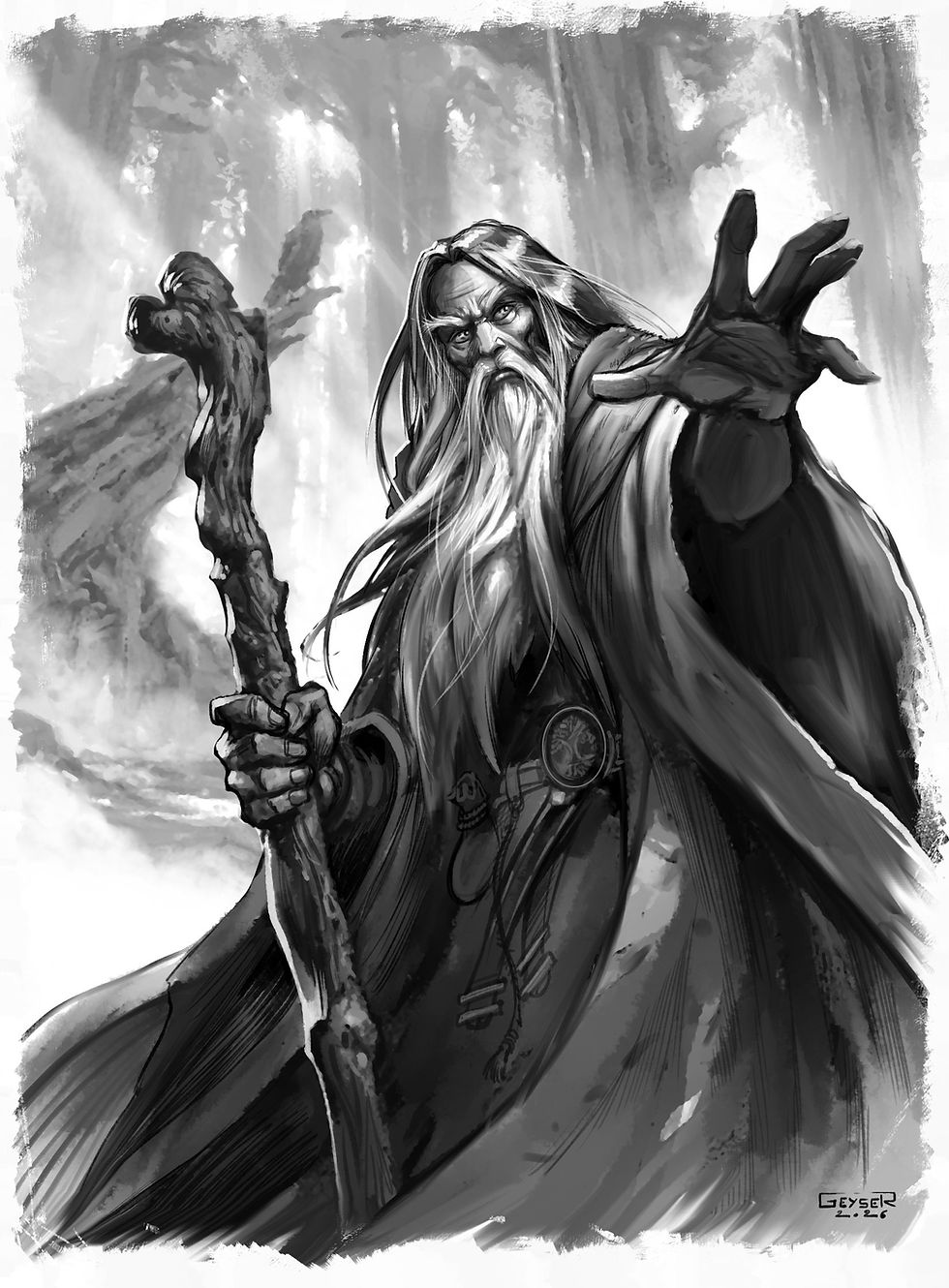 Illustration en noir et blanc de Merlin l'Enchanteur, vieux magicien barbu tenant un bâton et lançant un sort dans une forêt mystérieuse.