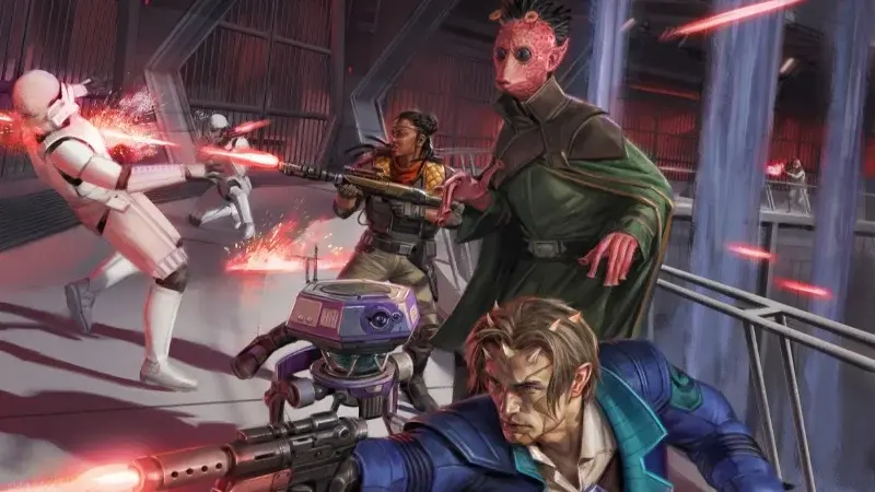 Illustration de D&D Star Wars Tyro Squadron Adventures représentant une équipe de rebelles affrontant des Stormtroopers lors d'un combat au blaster.