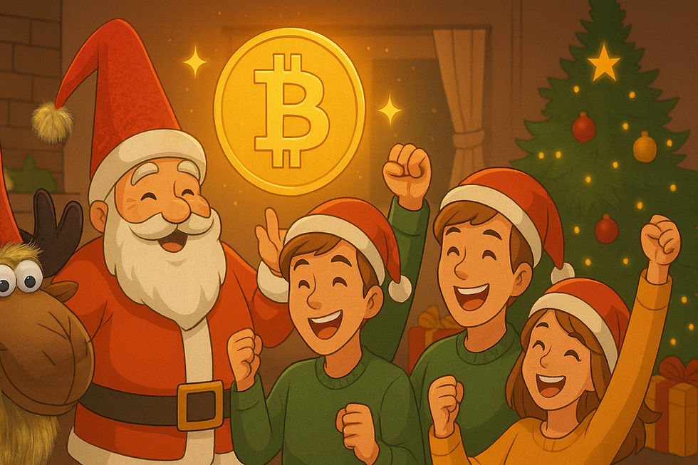 Santa Claus et enfants heureux levant le poing devant une grosse pièce Bitcoin dorée, sapin de Noël illuminé – bull run BTC Noël 2025