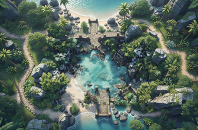 Battlemap jungle tropicale vue du dessus avec bassin d’eau turquoise, ponts de pierre et chemins de sable entourés de végétation dense