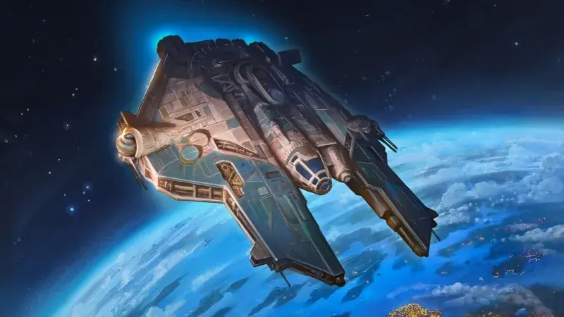 Vaisseau spatial de l'univers D&D Star Wars Tyro Squadron Adventures survolant une planète, dans une illustration officielle du jeu de rôle prévu en 2027.