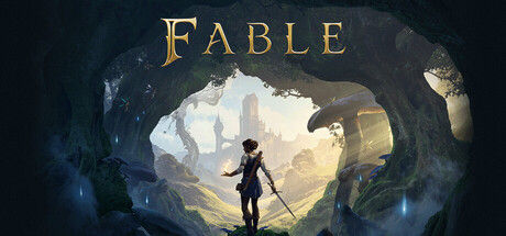 Bannière officielle de Fable montrant un personnage face à l’entrée lumineuse d’une grotte dans l’univers d’Albion.