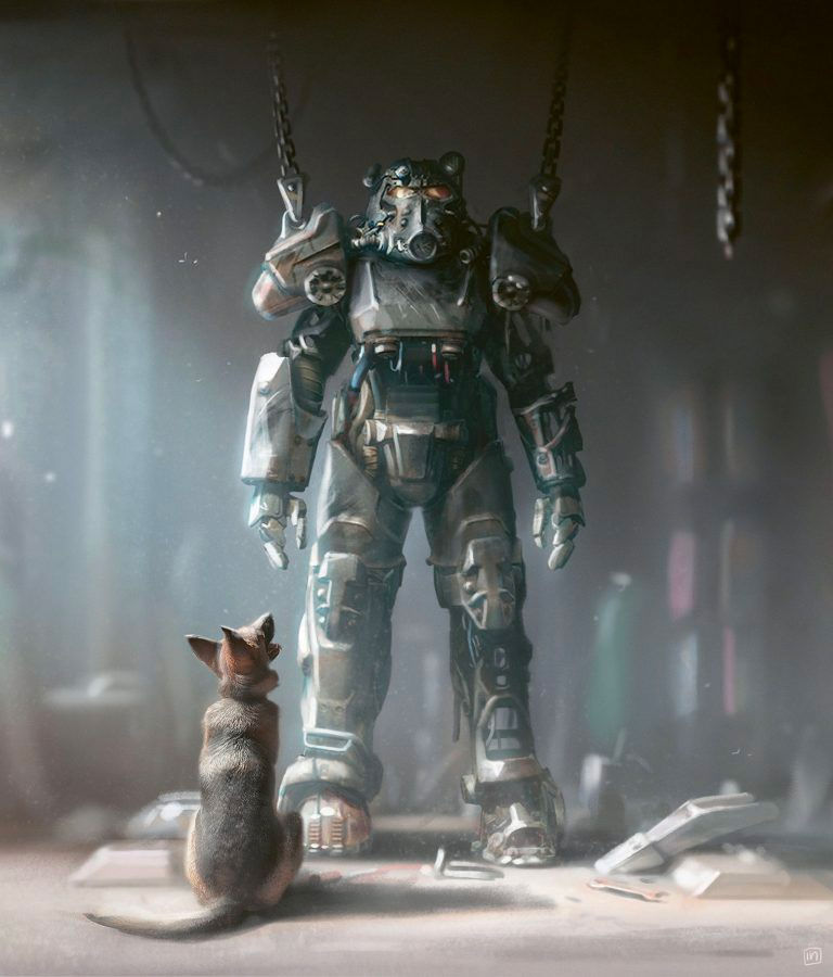 Un chien observe une imposante armure assistée suspendue dans un atelier post-apocalyptique Fallout.