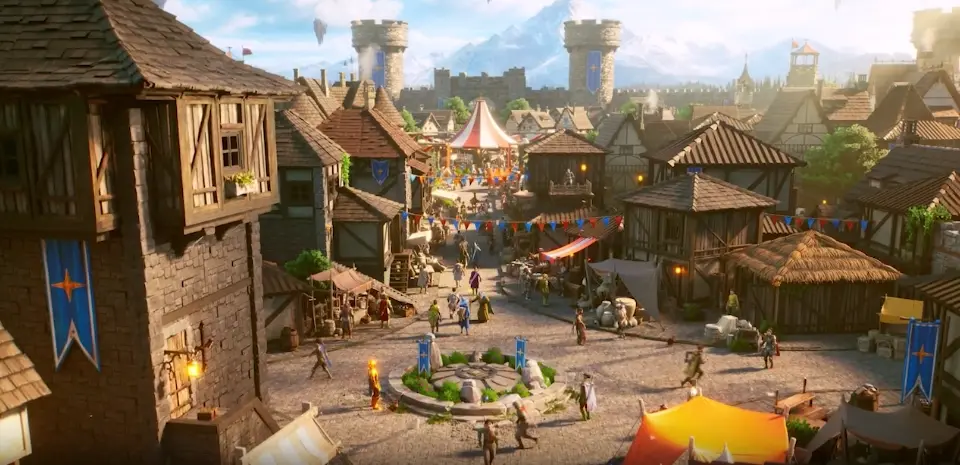 Vue panoramique d’une cité médiévale-fantasy de RuneScape 4 (RS4), le nouveau MMORPG de Jagex développé sous Unreal Engine, avec ses remparts, ses tours et ses îles flottantes.