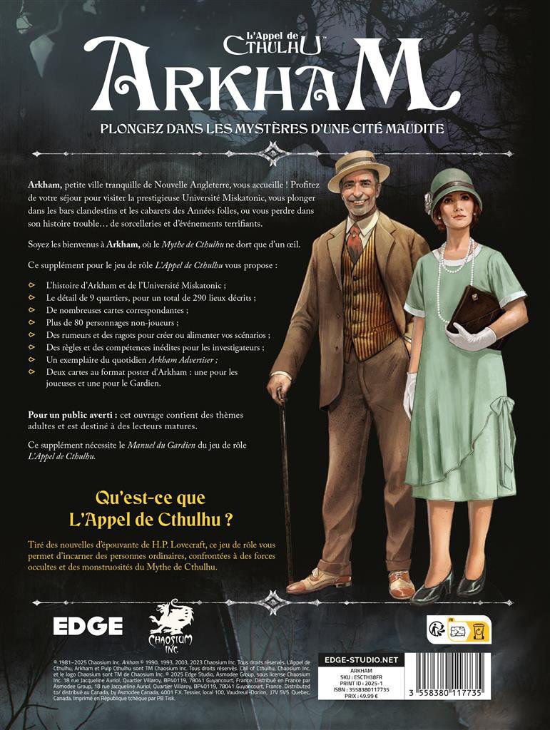 Quatrième de couverture du supplément Arkham pour L’Appel de Cthulhu