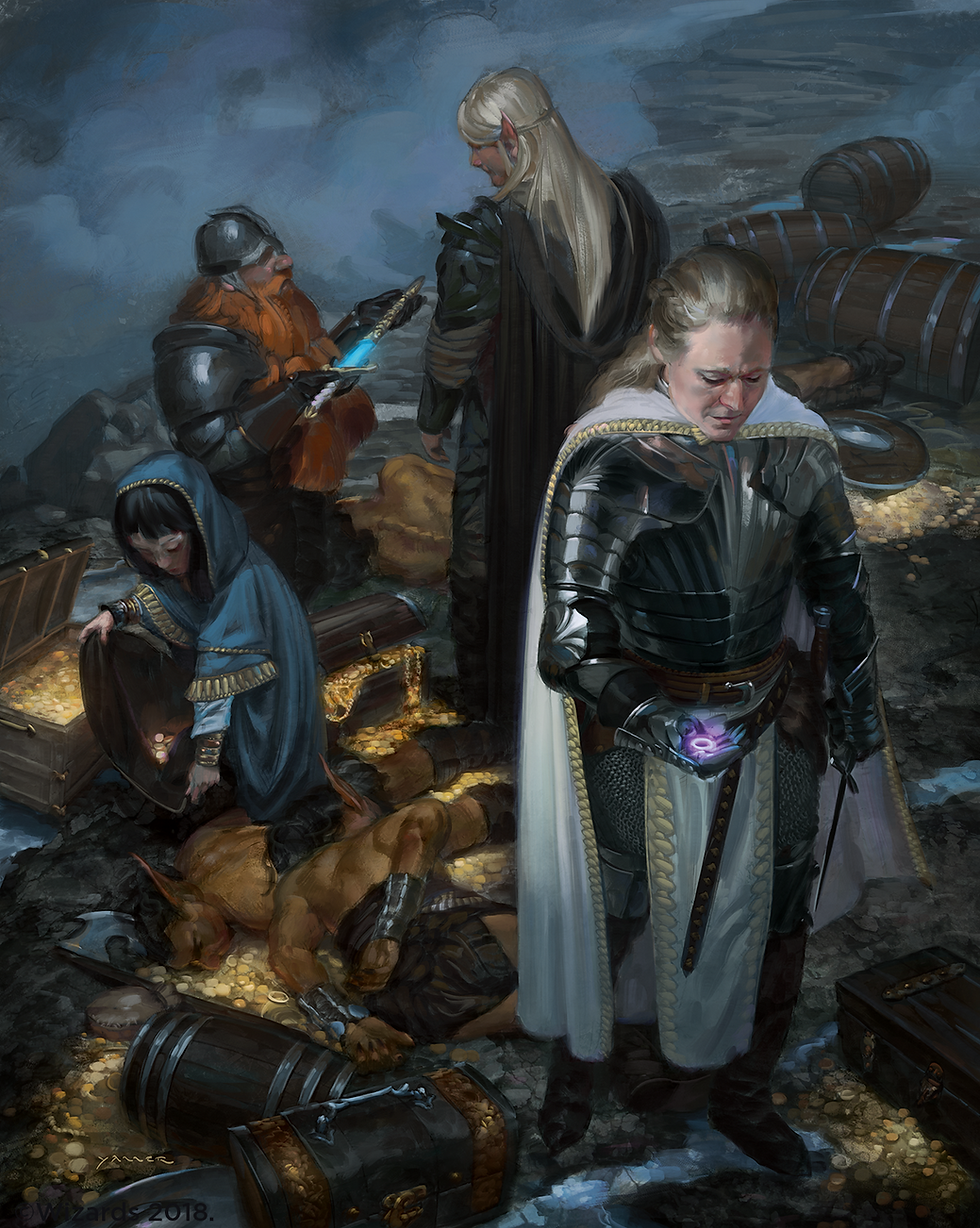 Groupe d’aventuriers découvrant un trésor dans Donjons & Dragons 5e
