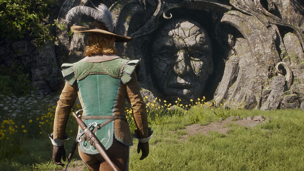 Personnage de Fable observant une porte de pierre sculptée dans un décor verdoyant d’Albion.