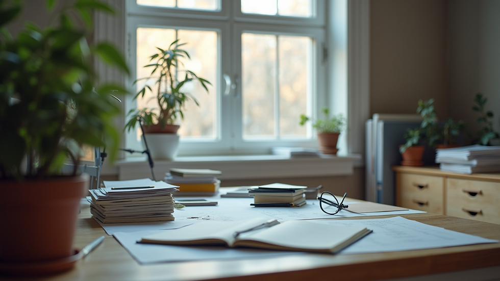 Vue en plongée d’un bureau avec ordinateur et notes de travail SEO