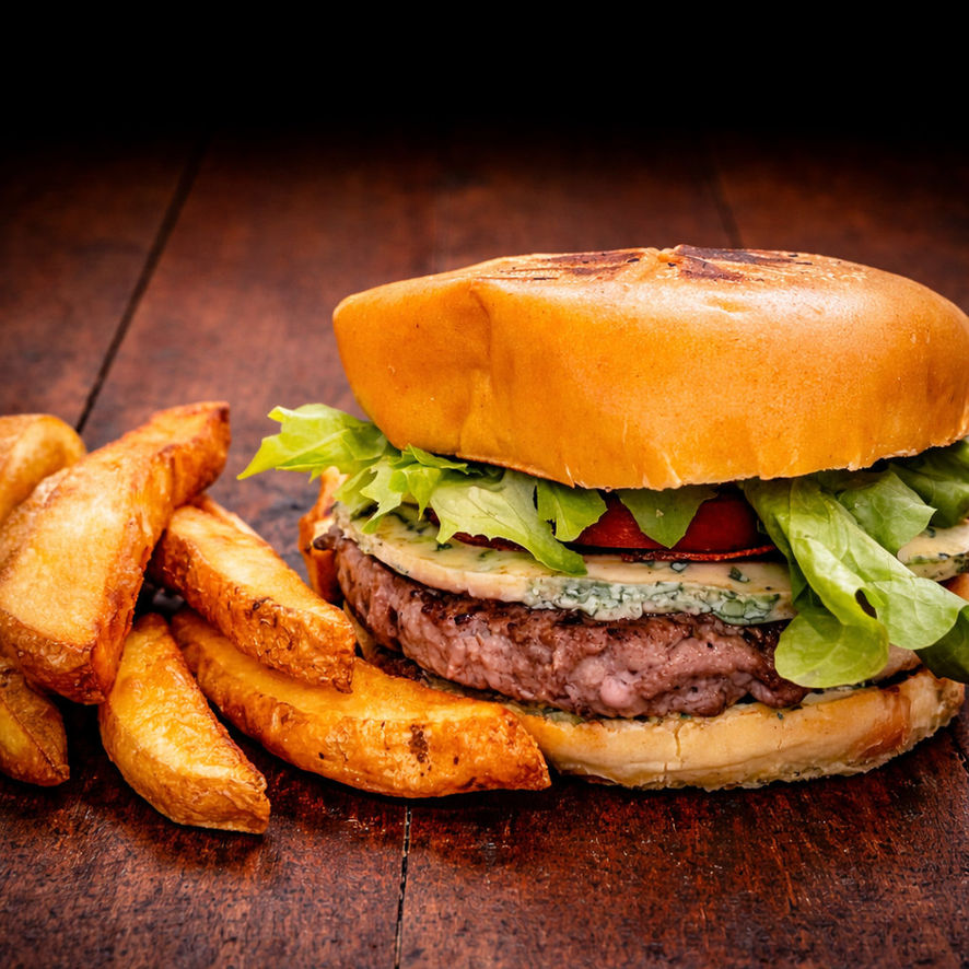 Burger gourmand au fromage avec steak, salade et frites maison croustillantes