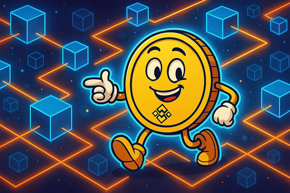 Pièce BNB dorée avec inscription BNB dans décor futuriste blockchain et flux lumineux