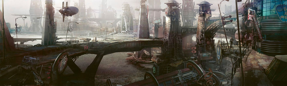 Fallout RPG – Ville post-apocalyptique en ruines avec architecture futuriste et vestiges technologiques, ambiance des Terres désolées