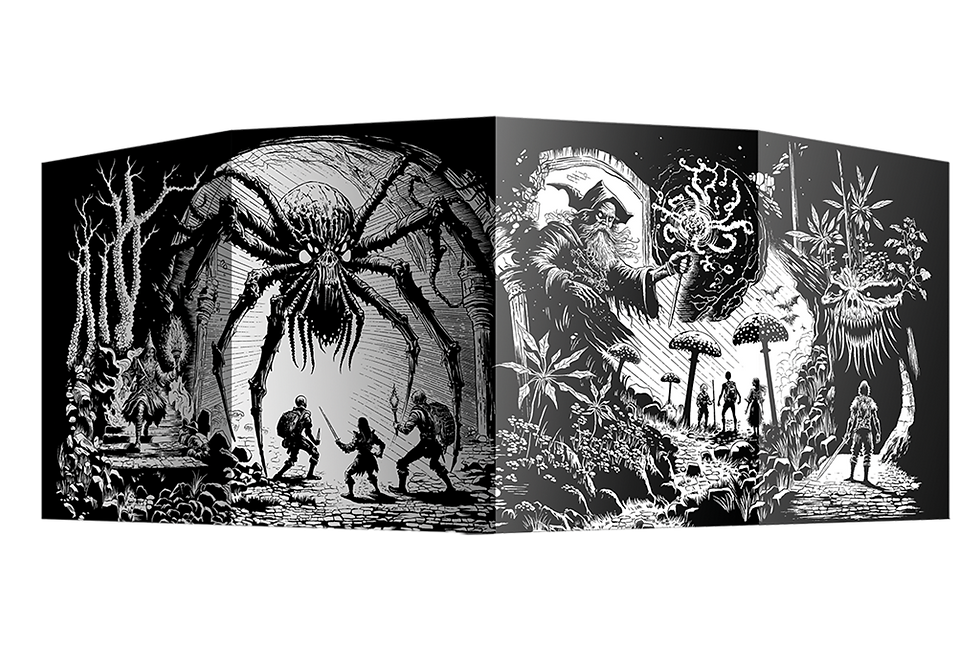 Écran de jeu Shadowdark avec illustrations de donjons, monstres et aventuriers en noir et blanc