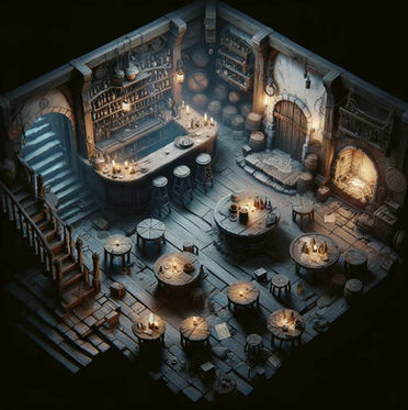 Battlemap d’une auberge médiévale souterraine avec un bar en bois, des tables rondes, des tabourets, des tonneaux, une cheminée allumée