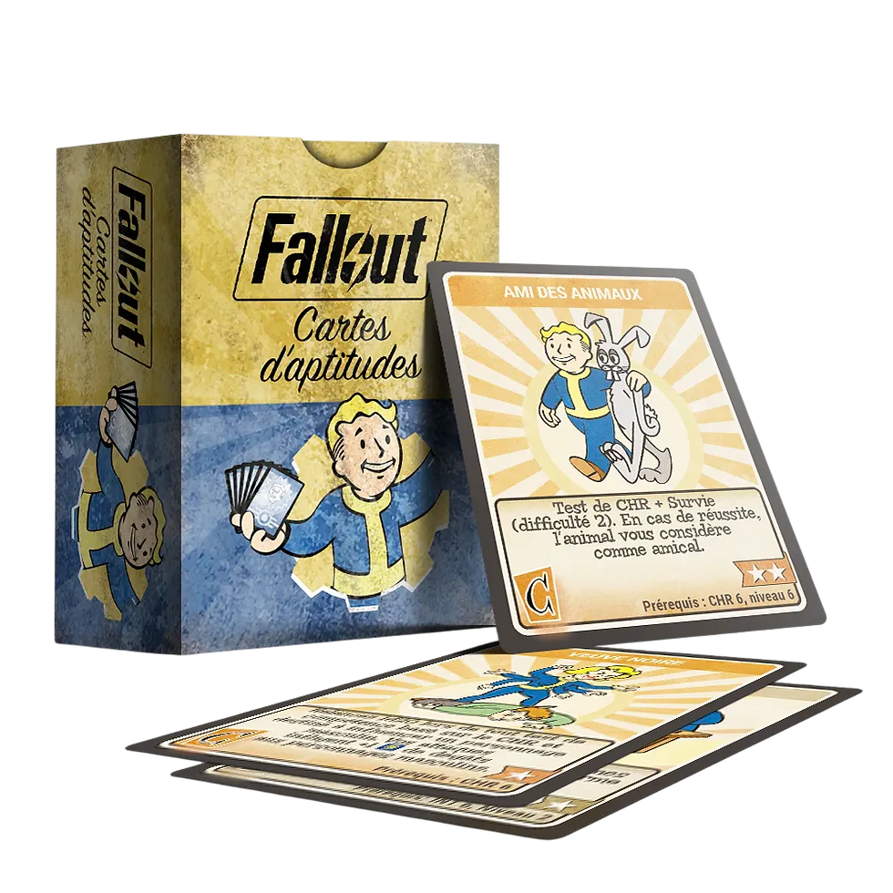 Boîte Fallout : Cartes d’Aptitudes accompagnée de cartes colorées illustrant des avantages jouables.
