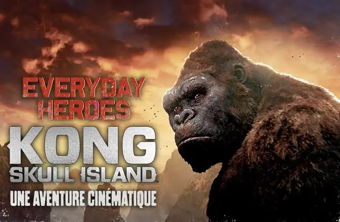 Visuel officiel d'Everyday Heroes : Kong Skull Island en français, montrant le gigantesque gorille Kong dans une atmosphère apocalyptique, pour cette aventure de jeu de rôle cinématographique.