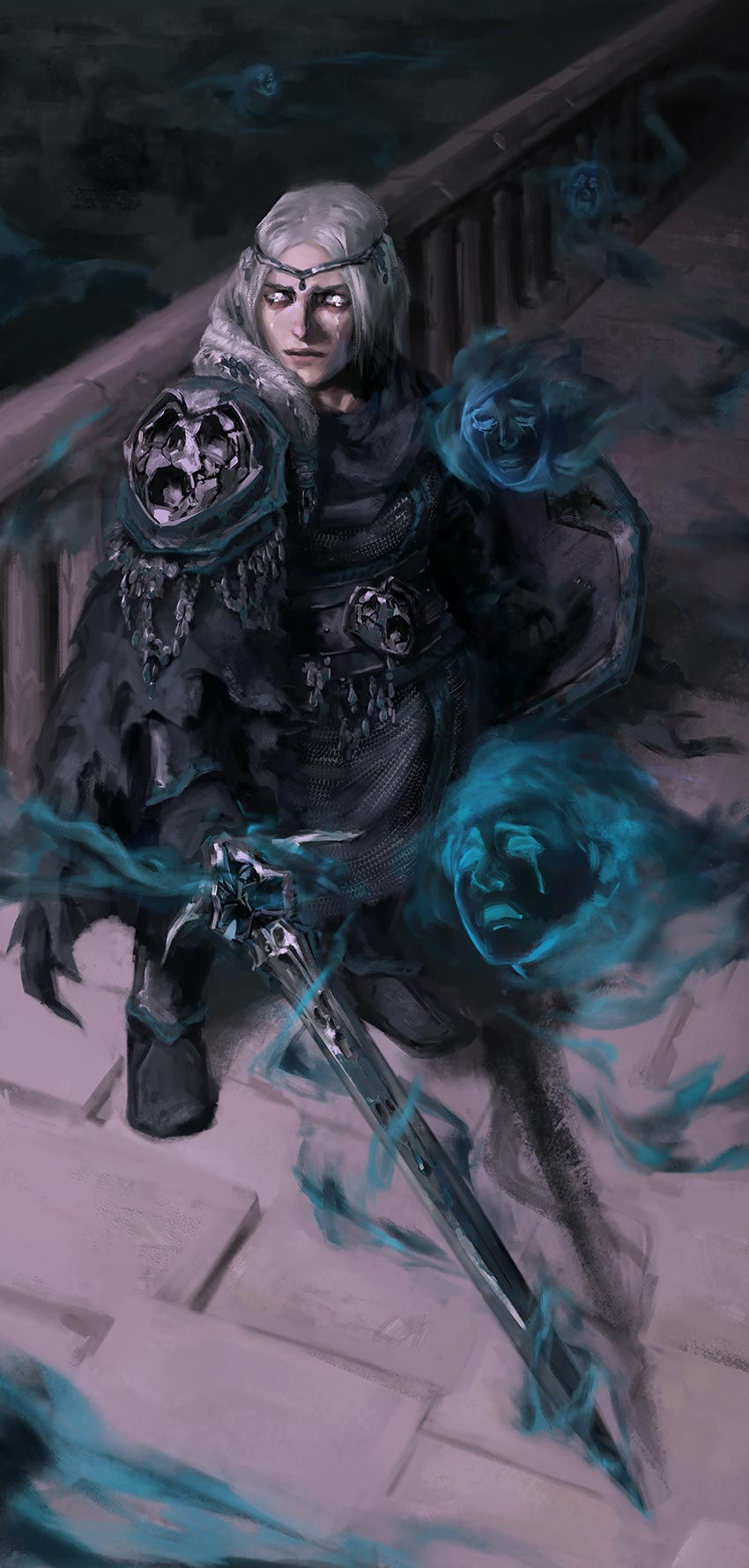Illustration du Sorrow Knight, nouvelle sous-classe de Guerrier de Donjons & Dragons présentée dans Shadowfell Secrets sur D&D Beyond, entouré d'esprits spectraux du Shadowfell.