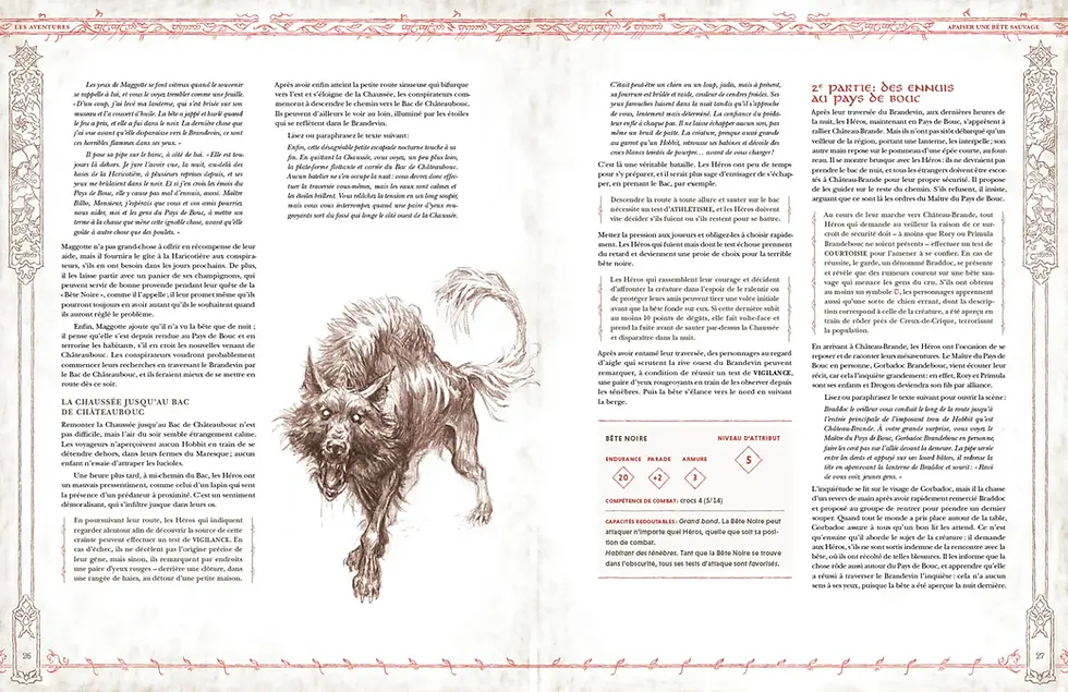 Miniature : Pages intérieures de L’Anneau Unique – illustration d’un chien monstrueux et description de scénario.