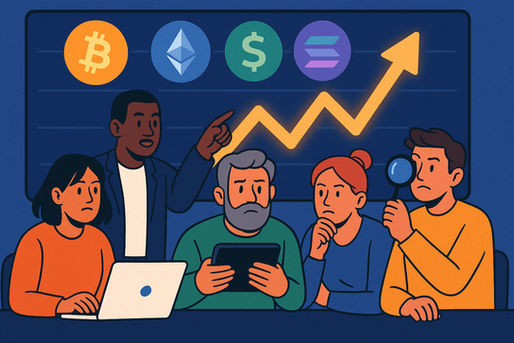 Groupe de personnes analysant la hausse du marché crypto avec graphiques et logos