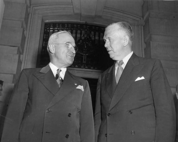 (Photo President Truman and George Marshall 1947 Wisconsin Archives)