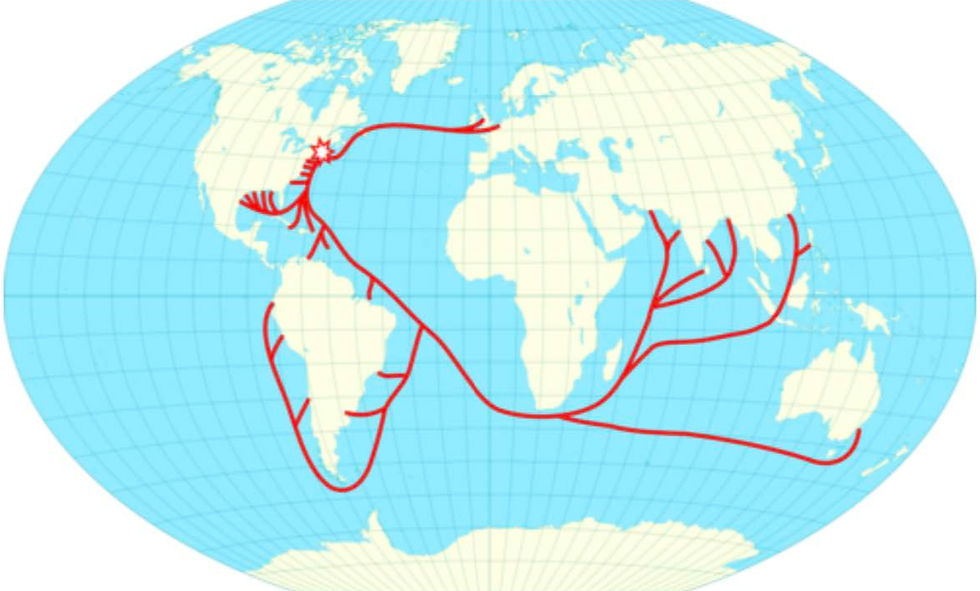 The growth of the New England ice trade by 1856; star indicates New England