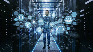 Curios IT Engineer Standing in the Middle of a Working Data Center Server Room. Cloud and 