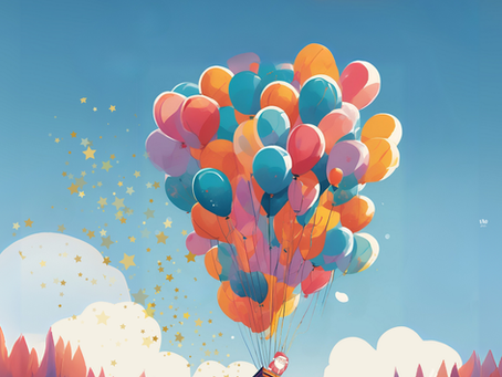 un père noël accroché à une montgolfière de ballons