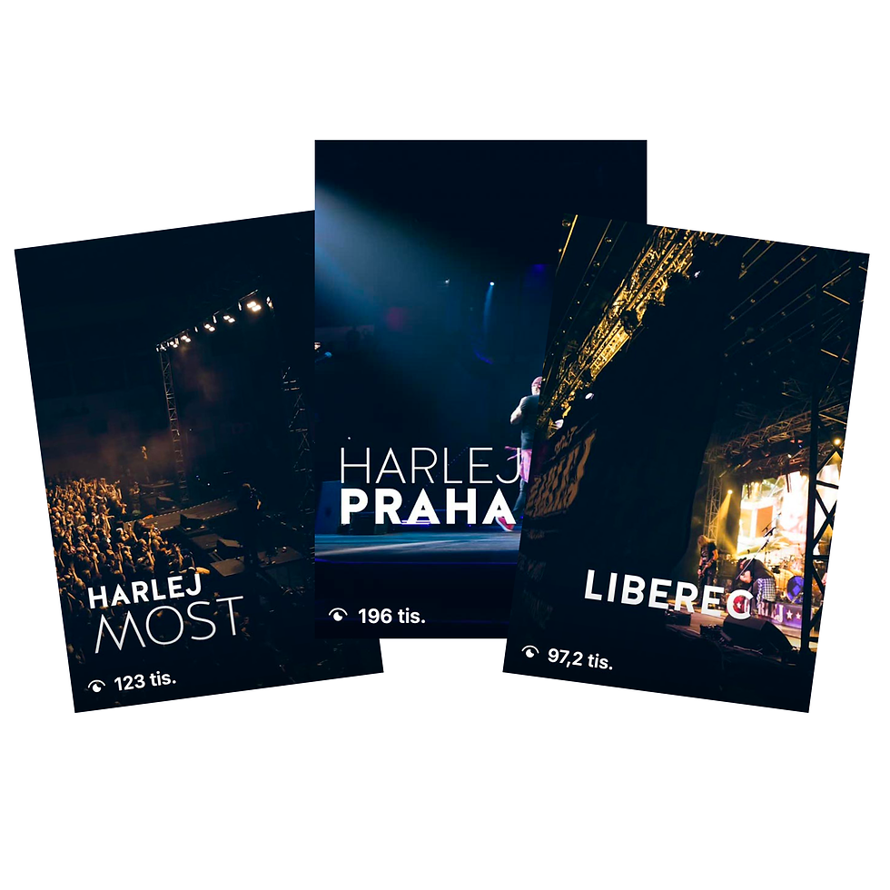 Tři karty HARLEJ TOUR: Most, Praha, Liberec.