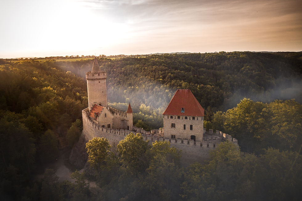 Středověký hrad s věží v mlhavém lese při západu slunce