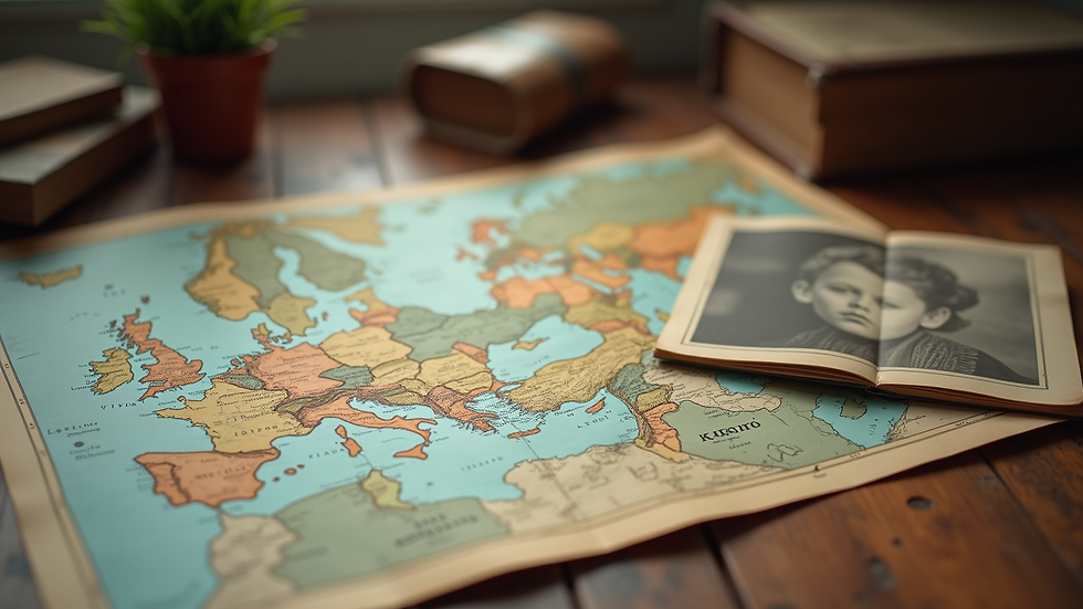 Close-up view of a vintage map and old photographs on a wooden table