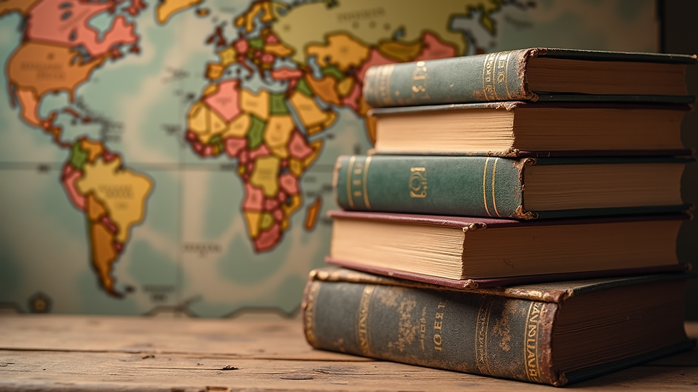 Close-up view of a stack of American historical books with a vintage map in the background