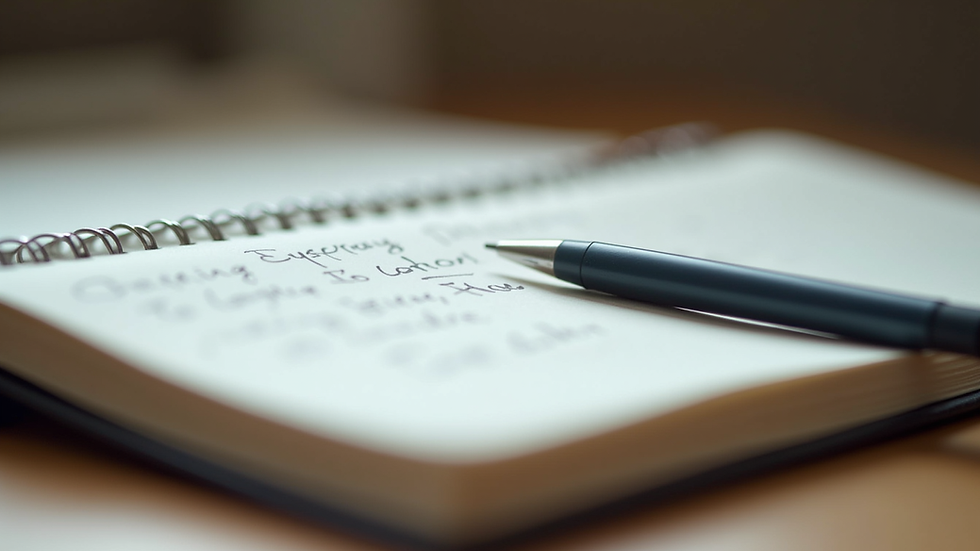 Eye-level view of an open notebook with handwritten notes and a pen