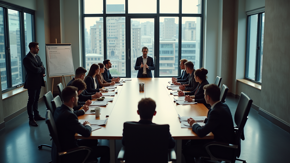 High angle view of a conference room with a PR team brainstorming