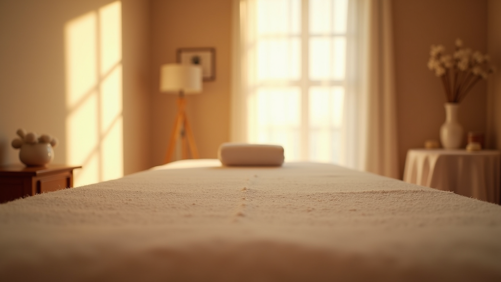 Eye-level view of a calm massage room with soft lighting and a massage table