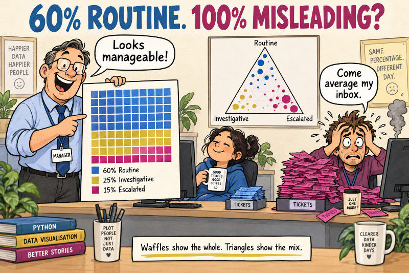 Beyond bar charts, Part I: Waffles, triangles, and the trouble with percentages